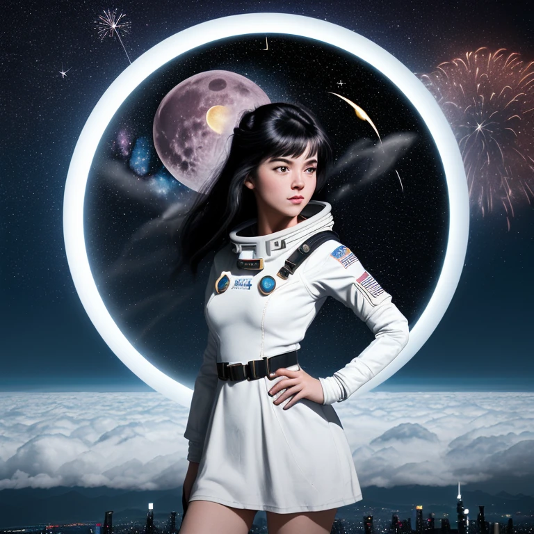 1980s \(style\), 1girl, above clouds, aerial fireworks, black hair, circle, cityscape, cloud, constellation, crescent moon, dress, dust,full moon, galaxy, hand on hip, light particles, milky way,moonlight, night sky, pine tree, red moon, reindeer, rocket, rooftop, round window, shooting star, sky, skyline, skyscraper, snowing, solo, space, space craft, space helmet, spacesuit, starry background, sun, tanabata, tanzaku, ultimat