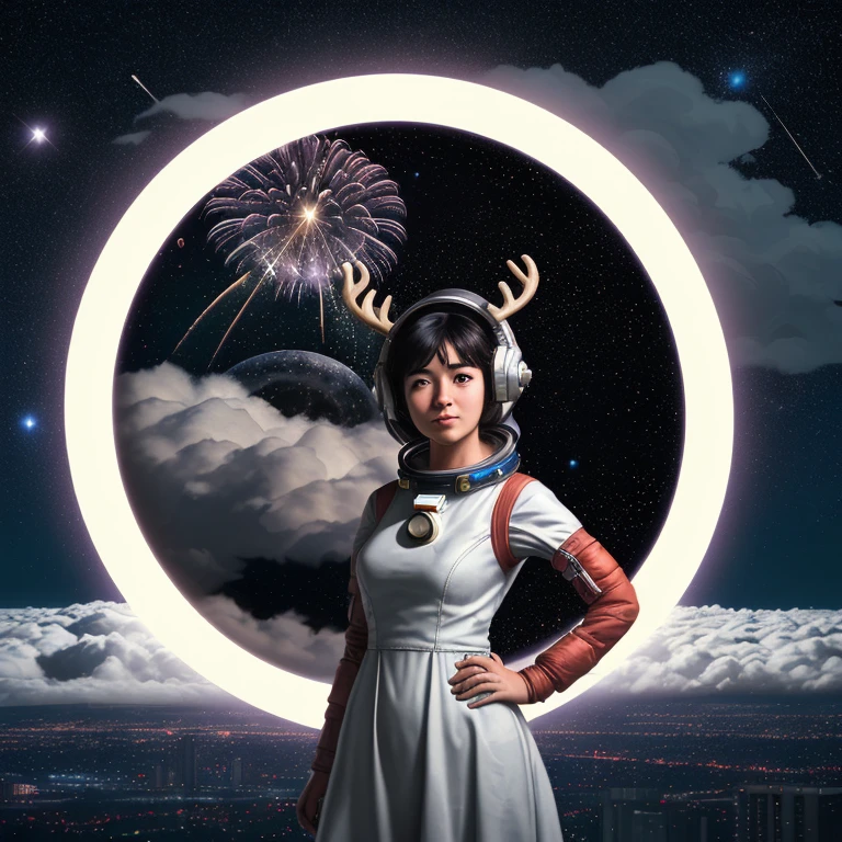 1980s \(style\), 1girl, above clouds, aerial fireworks, black hair, circle, cityscape, cloud, constellation, crescent moon, dress, dust,full moon, galaxy, hand on hip, light particles, milky way,moonlight, night sky, pine tree, red moon, reindeer, rocket, rooftop, round window, shooting star, sky, skyline, skyscraper, snowing, solo, space, space craft, space helmet, spacesuit, starry background, sun, tanabata, tanzaku, ultimat