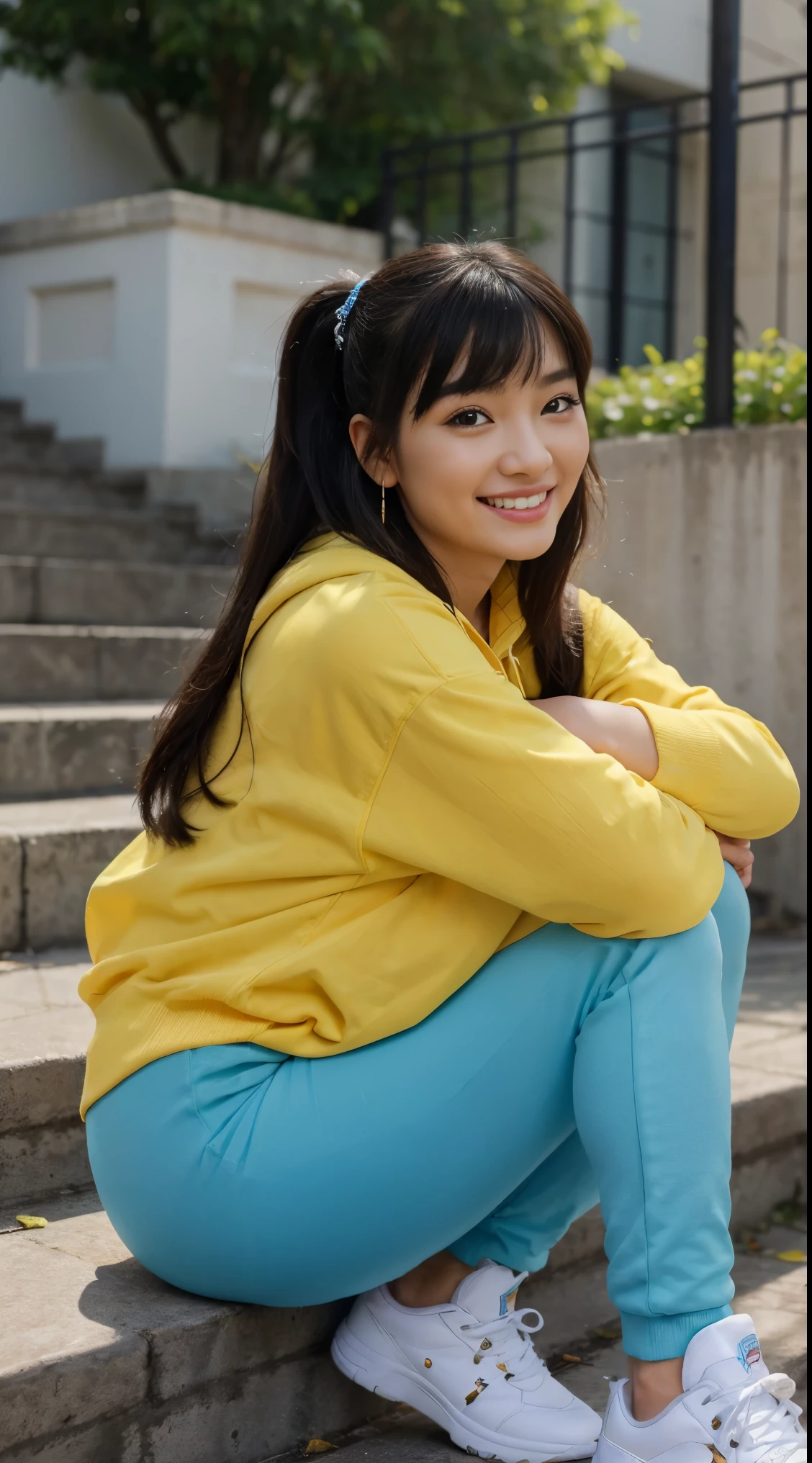 highest quality, Realistic, Very detailed, Finer details, High resolution, 8k wallpaper, One beautiful woman, of Uyghur-Mongolian descendant natural eastern beauty, smal flawless nose, Sit on the stairs、 Oversized hoodie, yoga pants, blue-yellow Onitsuka Tiger sneakers、Wear black socks、Black Hair long twintails-style、 Beautiful Bangs、ear piercing、smile、Beautiful teeth alignment、Perfect dynamic composition, Beautiful and detailed, Full Body Shot, A big smile