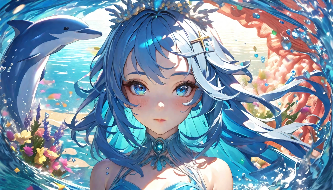 A playful anime dancer from the sparkling ocean with a seashell crown and a dolphin hairpin at noon in a vibrant, aquamarine seascape, shimmering blue eyes, flowing azure hair, ocean-themed accessories, graceful blue dress, in the style of Alan Moore, impressionistic painting style, looking at the camera, cross section of, portrait, natural lighting, fluid brushstrokes, daz3d, water splashed around like confetti, lighting shining like sunlight