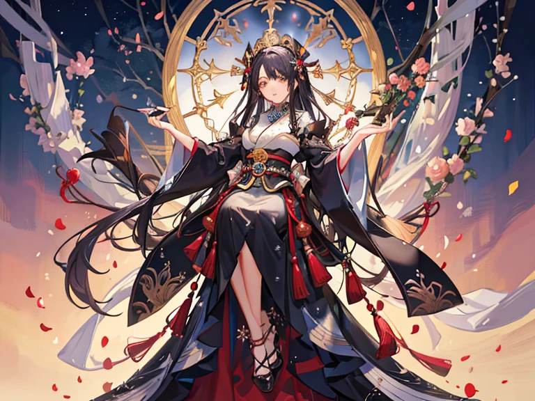 sacerdotisa del templo de Seiiki, una joven mujer de cabello negro y largo, con una apariencia serena y elegante. kimonos tradicionales japoneses, con colores suaves y delicados, adorned with floral motifs or sacred symbols. lleva accesorios como obis