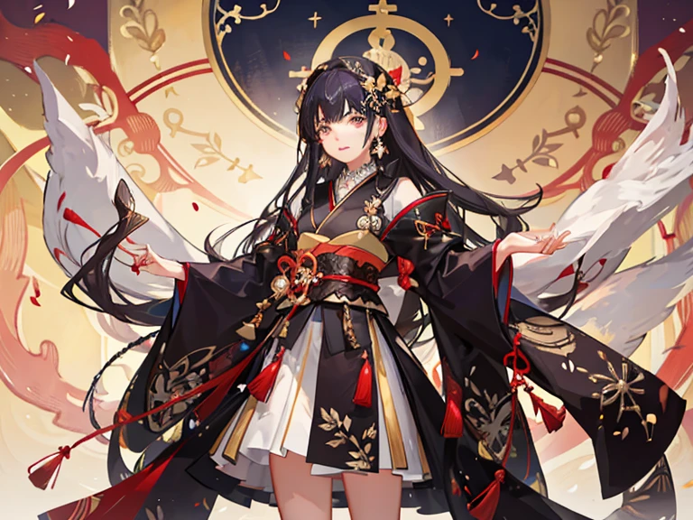 sacerdotisa del templo de Seiiki, una joven mujer de cabello negro y largo, con una apariencia serena y elegante. kimonos tradicionales japoneses, con colores suaves y delicados, adorned with floral motifs or sacred symbols. lleva accesorios como obis