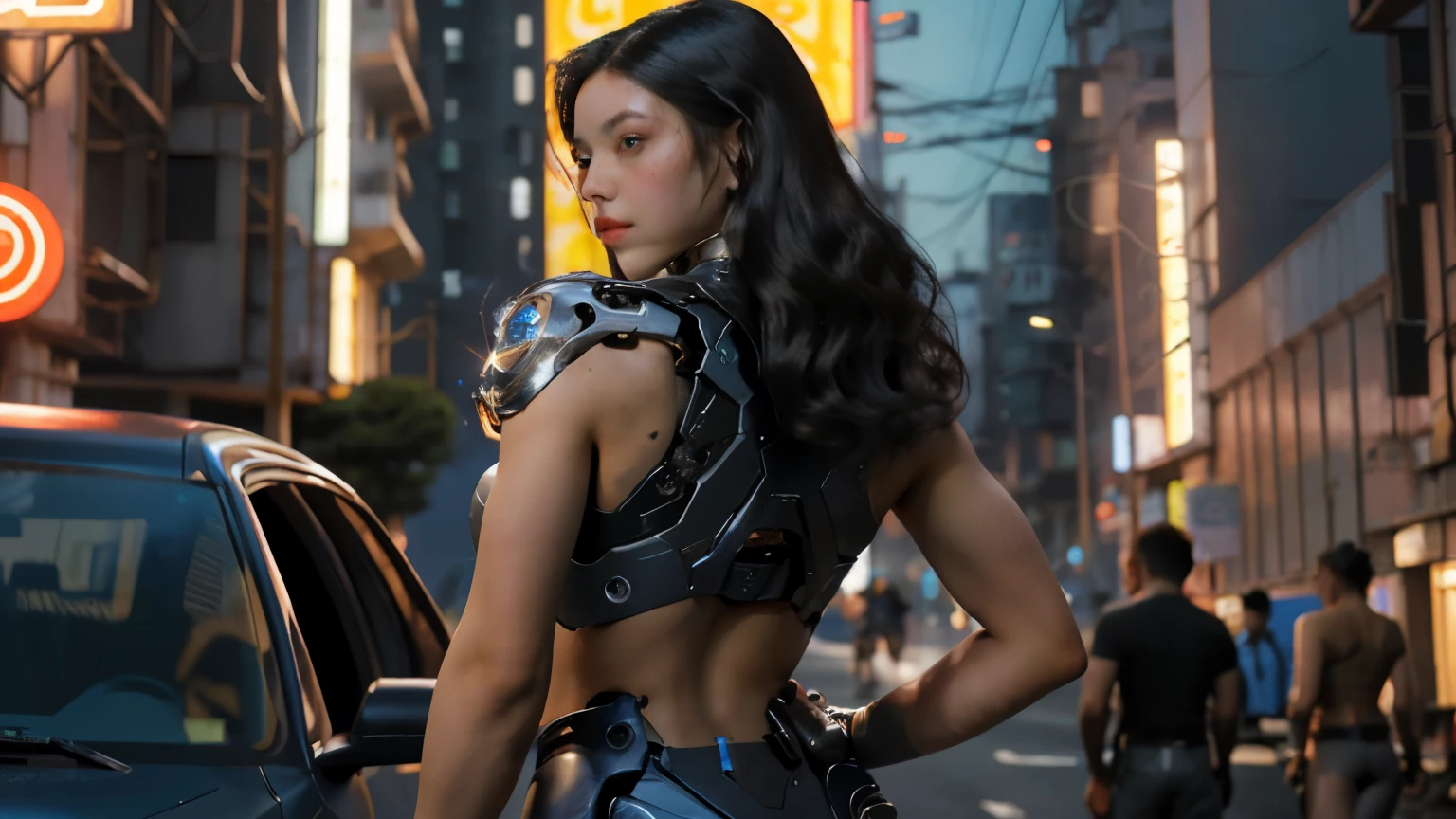 Generate a future cyborg female warrior holding a pistol from behind. Body movements at night. Handsome body. Tight and impressive waist-to-hip ratio. Exaggerated breasts. Very low body fat. Muscle lines. Medium-length hair. Looking at the cyberpunk city in the distance.