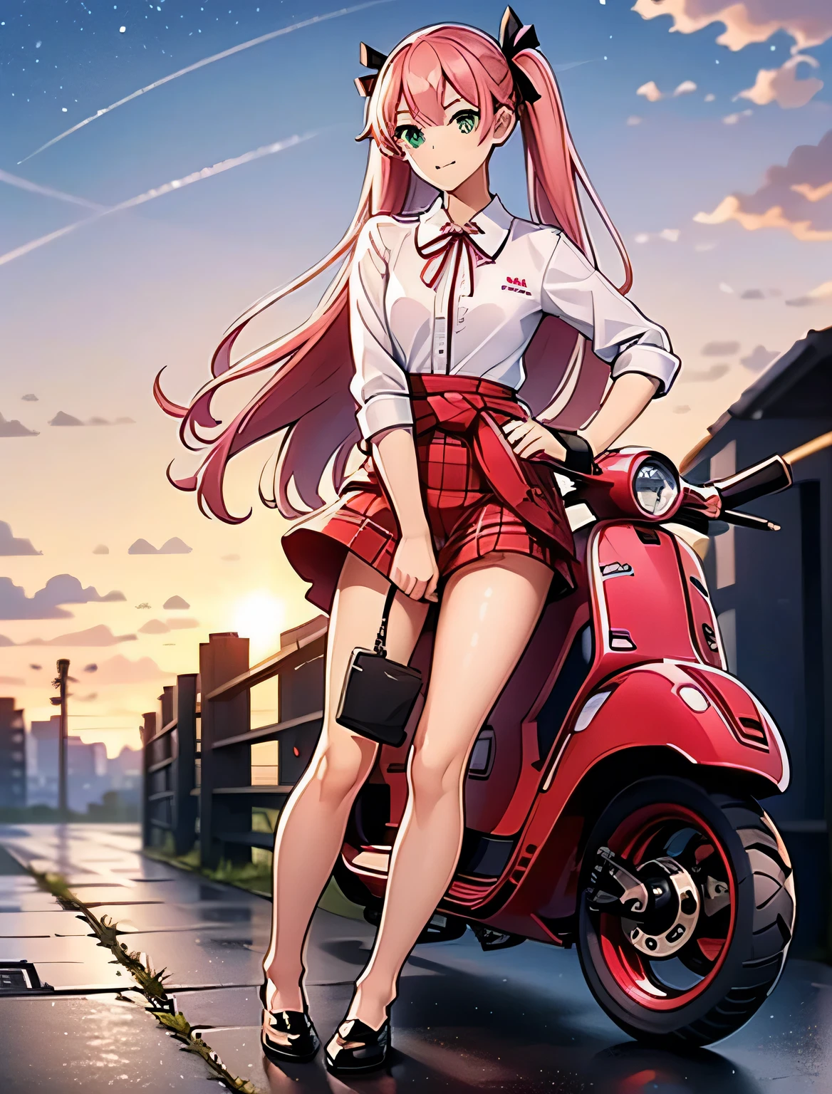 highest quality,Best image quality,masterpiece,8K quality,happy ,(((Red Vespa Bike))),The background is a village,Sunset and sunset,To the camera,Full body photo,Ultra-high resolution,1 girl、Pink Hair、solo、Green Eyes、skirt、Long Hair、Twin tails、shirt、shoes、null、Clothes around the waist、Outdoor、cloud、fence、White shirt、Hands on hips、Looking at the viewer、Plaid skirt、Plaid、、sleevesa rolled up、Wire mesh fence、chest、Collared shirt、ribbon、Knee-high、noon、bangs、shoes、Brown skirt、Red ribbon、Green null、Pleated skirt、Mouth closed、Neck ribbon、(((Big chest))),smile,