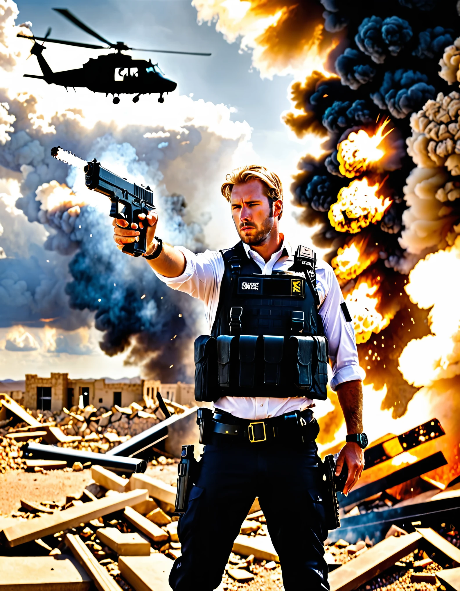  1man, late-twenties male, (shooter, glock 17, smoking gun, muzzle flash), empty desert, (blonde hair, medium hair, combed back hair), hazel eyes, building, burning, cloud, cloudy sky, day, debris, depth of field, destruction, explosion, fire, sky, (drop-down pistol holster, handgun, pistol, holstered pistol), (helicopter, helicopter hovering above), male focus, military, motion blur, outdoors, rubble, sunset, uniform, white shirt, assault vest, cowboy shot