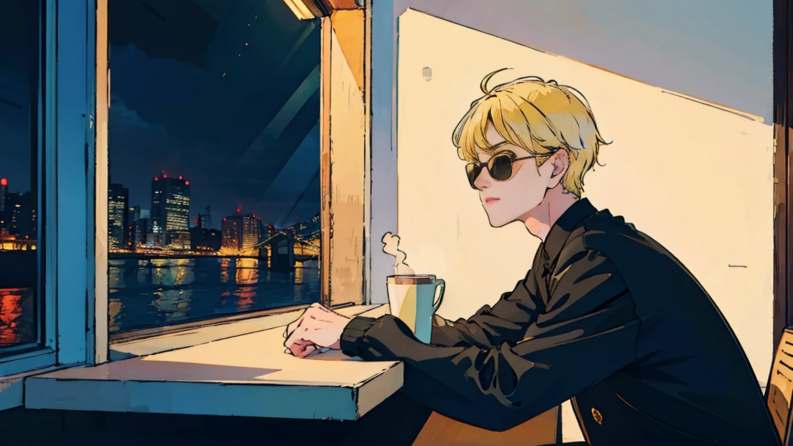 sitting in a cafe at night、Cool and handsome Asian boy with blonde hair, Wearing sunglasses、Visible from the window, Perfect Face, White shirt、Black jacket, Neon Black, (Backlight: 1.1), Hard Shadows, masterpiece, highest quality, Complex, Model shooting style, Vintage, Film Grain、Natural Body、profile、Photo taken from a distance、Draw the whole cafe、every day、coffee
