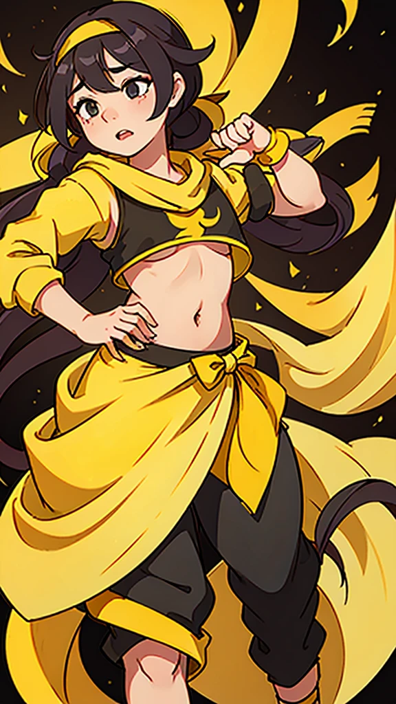 Handsome ,Roleplaying、Small eyes、Long hair tied up、Fantasy style clothing、Yellow clothes、wearing a long yellow bandana、Black Hair、belly button、Small size of clothes