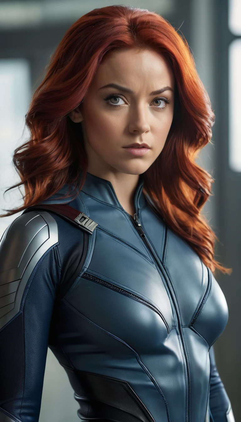 jean grey, young female, x-men, (((full body visible) )), looking at viewer, portrait, photography, detailed skin, realistic, photo-realistic, 8k, highly detailed, full length frame, High detail RAW color art, piercing, diffused soft lighting, shallow depth of field, sharp focus, hyperrealism, cinematic lighting