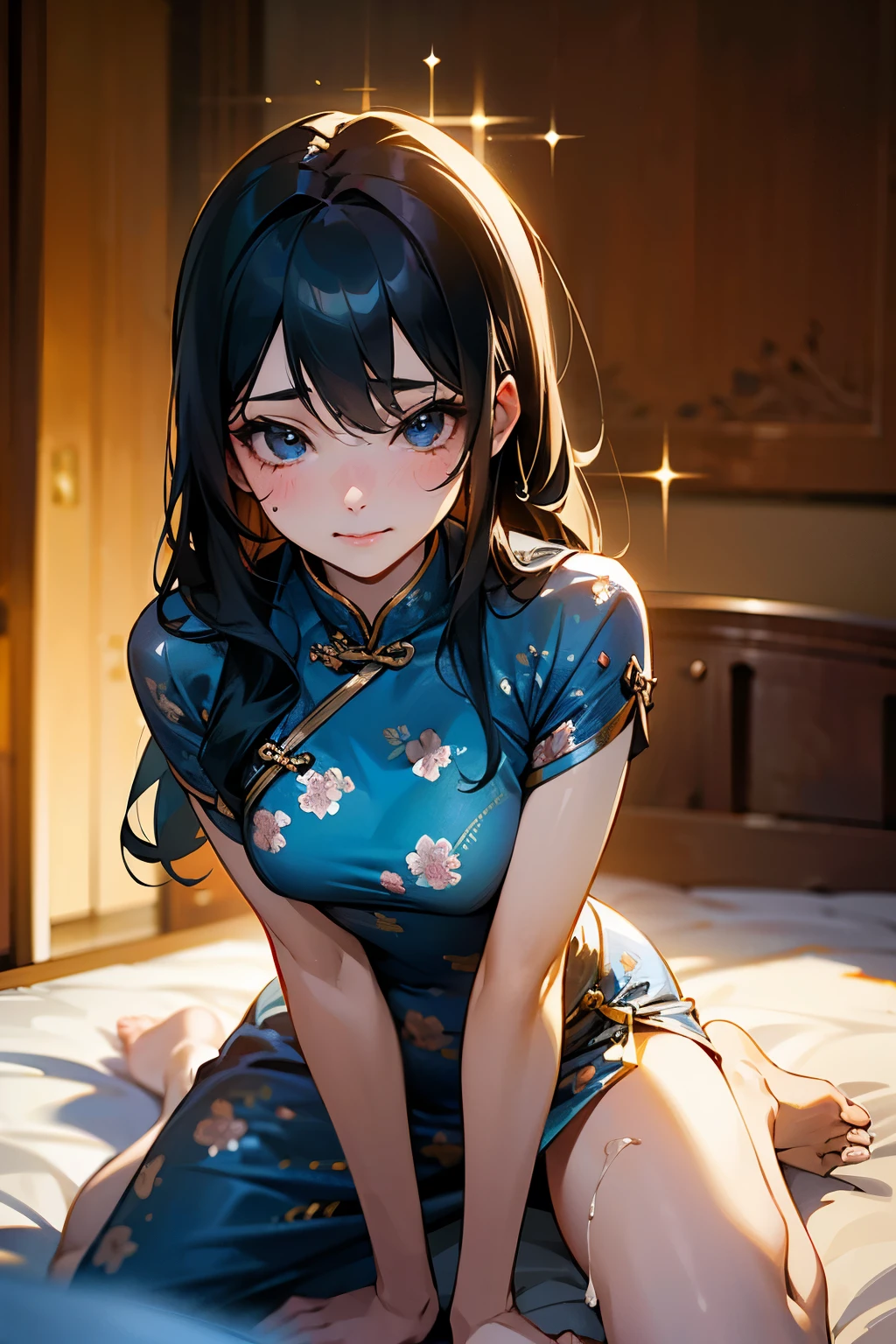 (Realistic:1.3), (photoRealistic:1.2), (highest quality), (Detailed skin:1.3), (Intricate details), One woman, 19 years old, Detailed skin texture, (blush:0.5), Scattered beneath the surface, smile, Black Hair, Straight Hair, Long Hair, bangs, Hair between the eyes, Hair volume is low, Sparkling blue eyes, Lens Eye, Light reflection in the eyes, Symmetrical eyes, looking at the camera, hair ornaments, Close-fitting clothing, Wearing edgJF_China dress, Side slits, (China dress), Floral prints, Two arms, Five fingers, Two joints in the fingers, Fingers are roughly parallel, barefoot, Depict the whole body. ((Study)), Browsing Caution, (((Sex))), Pussy, Heterosexual, vagina, (陰茎 in vagina), (1 male), Sex, break, rough, Wavy,shoes, Exposed Skin, Sensual, Sex, break ((POV Hip Grab Cowgirl)),