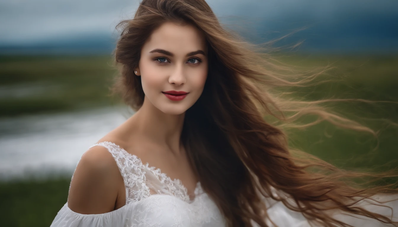 a beautiful girl, with white dress, a glass with milk in her hands,windy weather,blowing hair,in heavan, smiling face,cloudy weather