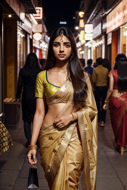 long_hair, Indian girl gorgeous, city girl, Indian city , saree, beautiful girl, shopping in the city, (masterpiece), best quality, high resolution, extremely detailed, cinematic lighting, beautiful face