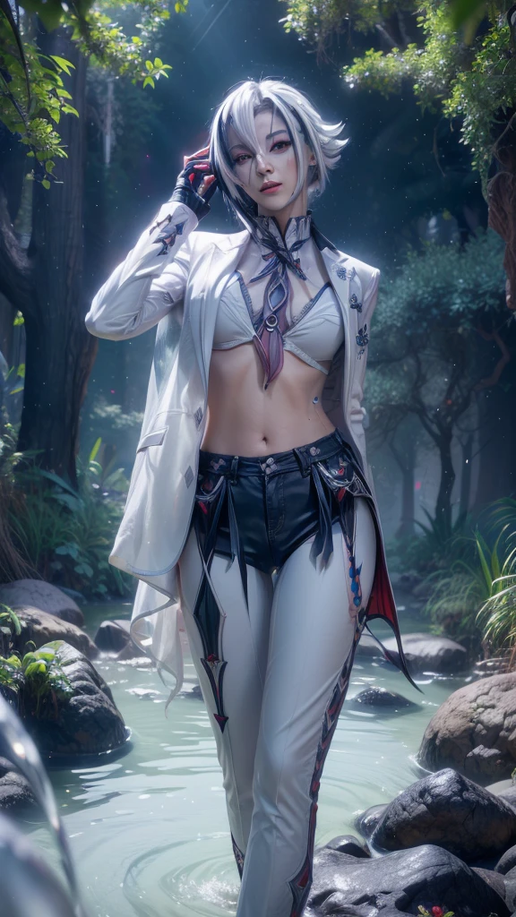 "((fantasy art)) featuring an alien girl, immersed in a heavenly symphony, clouds turn into bright splashes, flowers are scattered, like notes in the wind, visual orchestration of color and wonder"1 girl, One, White hair, black hair, multicolored hair, black eyes, x-shaped pupils, White Arles_suit , face concentrated in pants