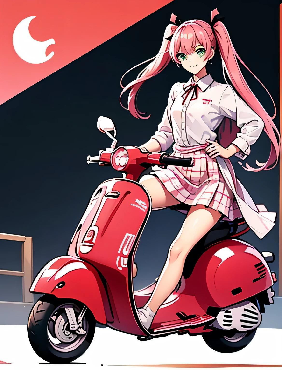 highest quality,Best image quality,masterpiece,8K quality,happy ，(((Red Vespa Bike)))，The background is a village，Sunset and sunset，To the camera，Full body photo，Ultra-high resolution,1 girl、Pink Hair、solo、Green Eyes、skirt、Long Hair、Twin tails、shirt、shoes、null、Clothes around the waist、Outdoor、cloud、fence、White shirt、Hands on hips、Looking at the viewer、Plaid skirt、Plaid、、sleevesa rolled up、Wire mesh fence、chest、Collared shirt、ribbon、Knee-high、noon、bangs、shoes、Brown skirt、Red ribbon、Green null、Pleated skirt、Mouth closed、Neck ribbon、(((Big chest))),smile,