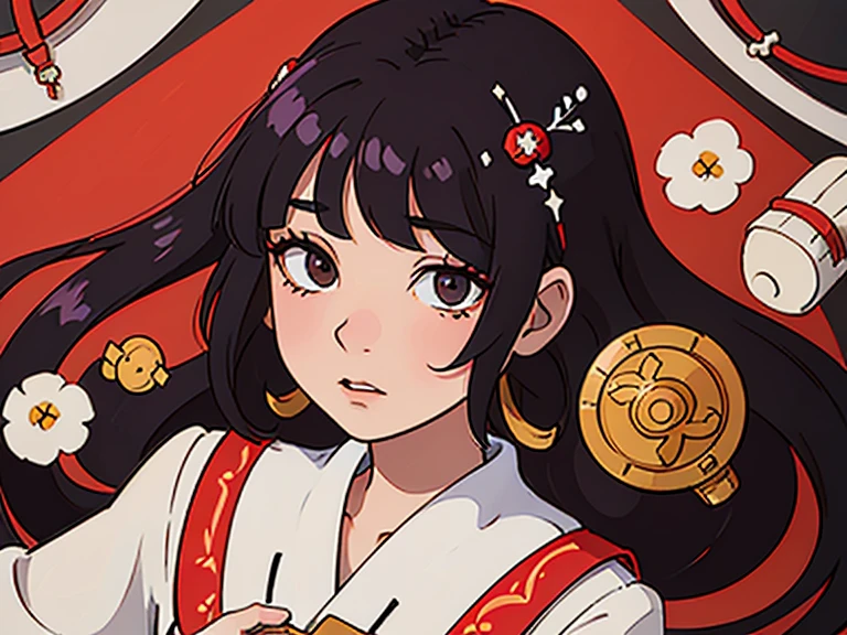 sacerdotisa del templo de Seiiki, una joven mujer de cabello negro y largo, con una apariencia serena y elegante. kimonos tradicionales japoneses, con colores suaves y delicados (blanco y rojo), adorned with floral motifs or sacred symbols. lleva accesorios como obis