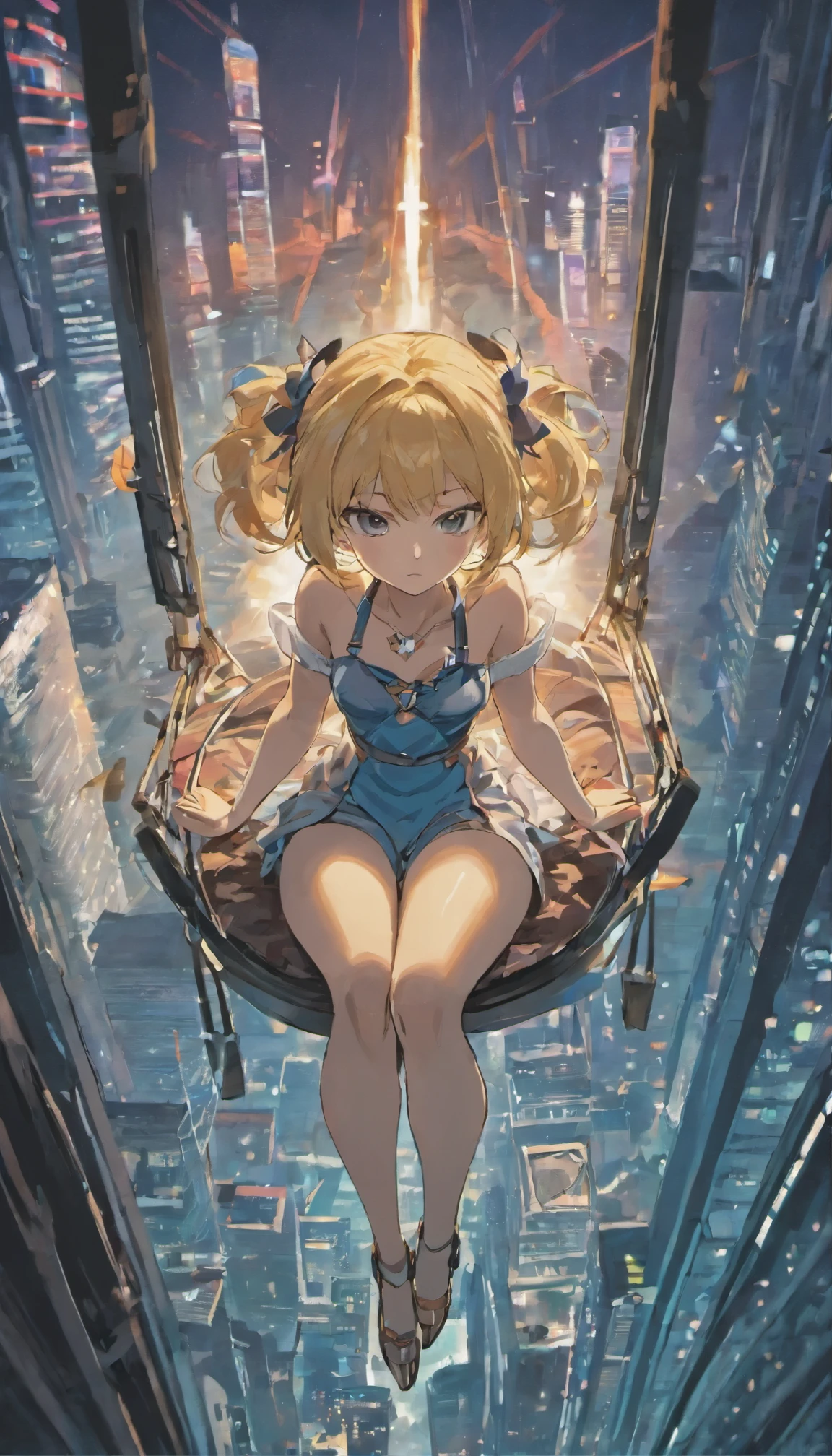 best quality, super fine, 16k, incredibly absurdres, extremely detailed, beautiful woman sitting on trapeze suspended between two skyscrapers, gazing into the distance, captivating look, wind, wind-effect, moonlit night view, (magnificent view:1.1) , cyberpunk, steampunk, dieselpunk, clockpunk