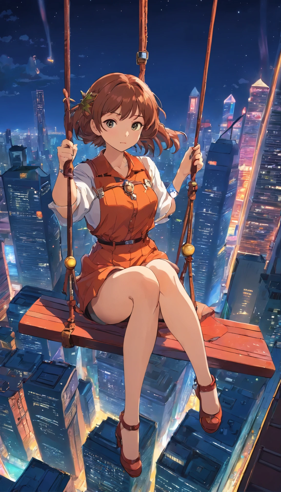 best quality, super fine, 16k, incredibly absurdres, extremely detailed, beautiful woman sitting on trapeze suspended between two skyscrapers, gazing into the distance, captivating look, wind, wind-effect, moonlit night view, (magnificent view:1.1) , cyberpunk, steampunk, dieselpunk, clockpunk