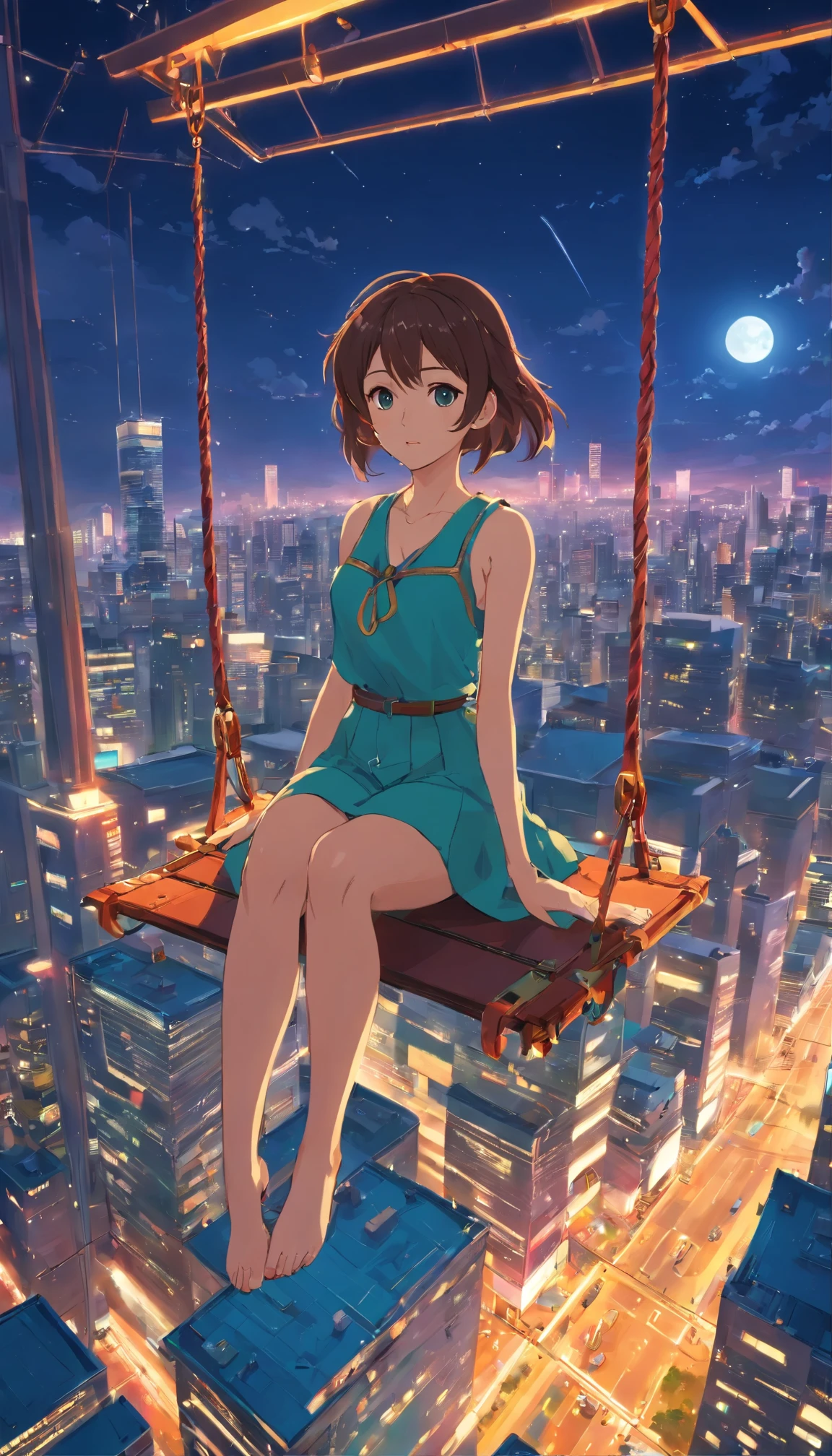 best quality, super fine, 16k, incredibly absurdres, extremely detailed, beautiful woman sitting on trapeze suspended between two skyscrapers, gazing into the distance, captivating look, wind, wind-effect, moonlit night view, (magnificent view:1.1) , cyberpunk, steampunk, dieselpunk, clockpunk
