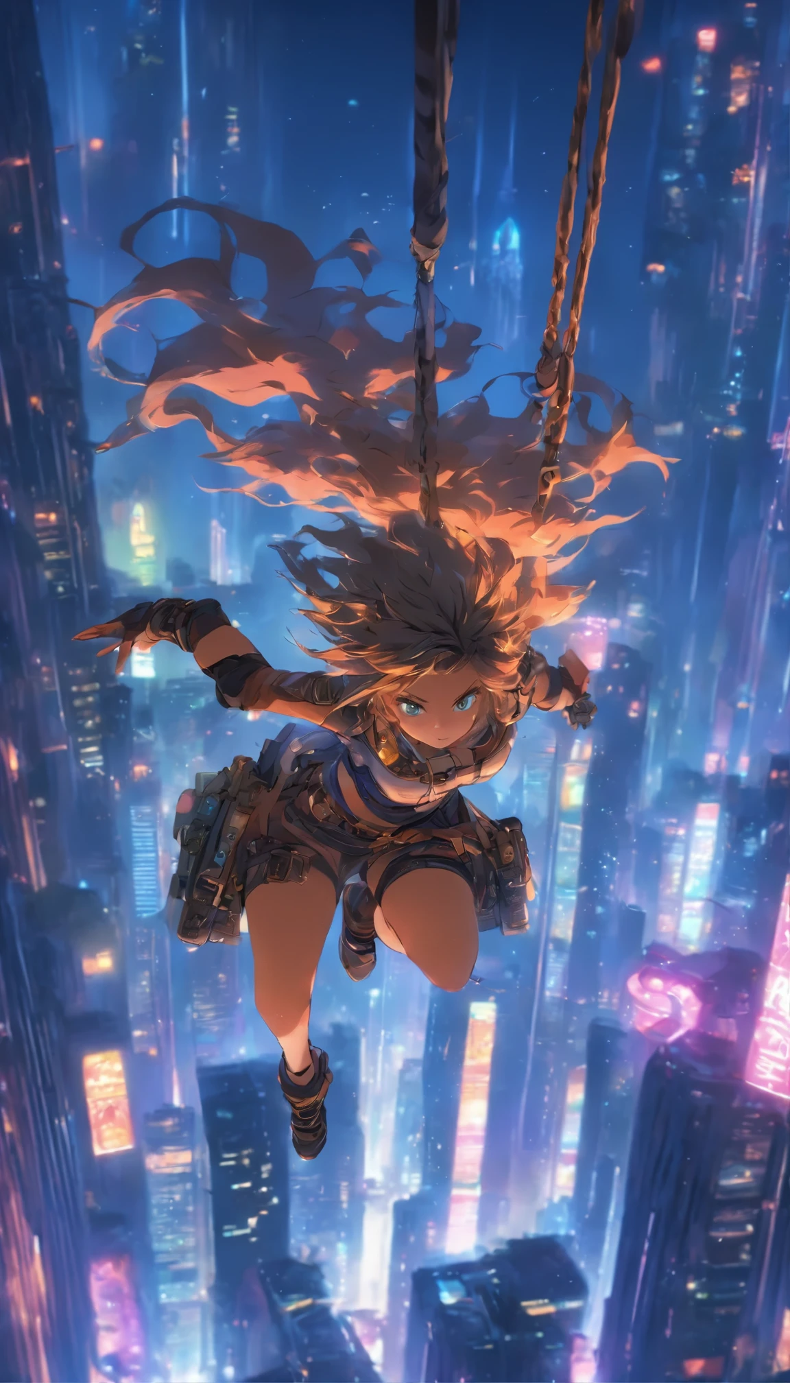 best quality, super fine, 16k, incredibly absurdres, extremely detailed, beautiful woman sitting on trapeze suspended between two skyscrapers, gazing into the distance, captivating look, wind, wind-effect, moonlit night view, (magnificent view:1.1) , cyberpunk, steampunk, dieselpunk, clockpunk