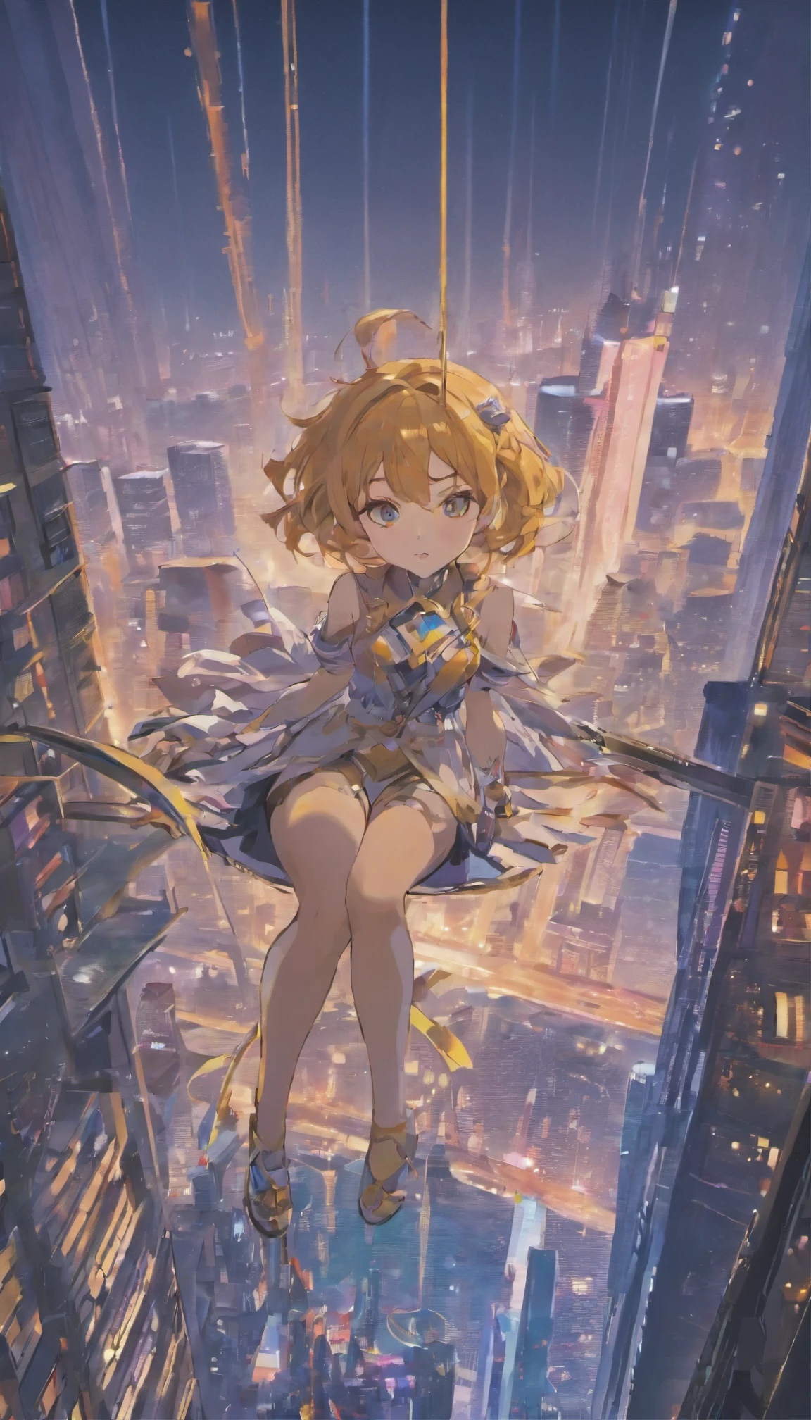 best quality, super fine, 16k, incredibly absurdres, extremely detailed, beautiful woman sitting on trapeze suspended between two skyscrapers, gazing into the distance, captivating look, wind, wind-effect, moonlit night view, (magnificent view:1.1) , cyberpunk, steampunk, dieselpunk, clockpunk