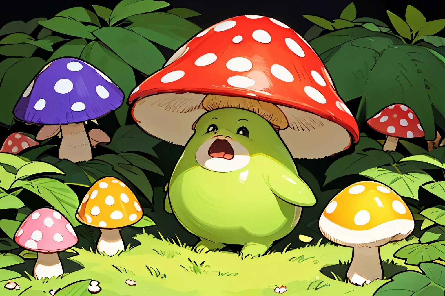 Illustrate an adorable yet slightly eerie creature, reminiscent of a mischievous forest sprite, with prominent mushroom characteristics. Picture the creature's and chubby body, adorned with an array of colorful mushrooms sprouting from its skin. Emphasize the mushroom-shaped head, adorned with vibrant fungi in various shades of purple, creating a whimsical and fantastical appearance. Highlight the creature's endearing charm, with large, bright eyes that sparkle with mischief and wonder, adding to its lovable demeanor. Surround the creature with the enchanting ambiance of the forest, with lush greenery and twisting vines providing a magical backdrop. Capture the essence of this delightful creature as it frolics among the mushrooms, radiating a sense of joy and playfulness that enchants all who encounter it.
