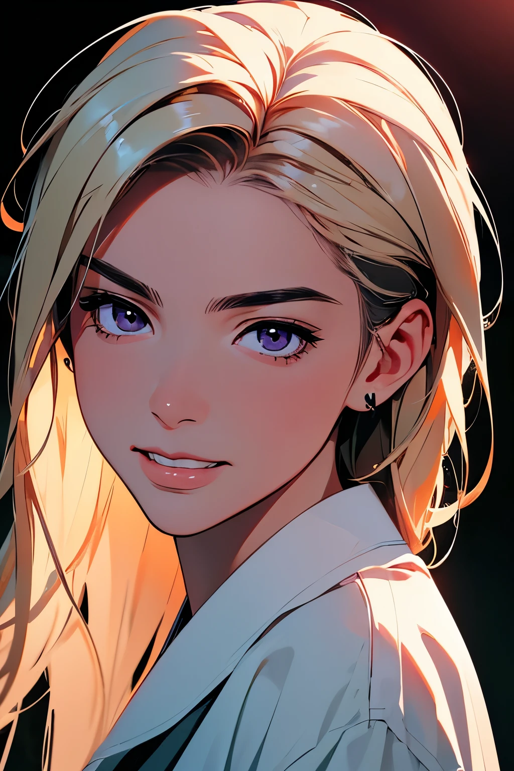 2d illustration, Japanese cartoons, 美术中的portrait, Comic Style, 《Stray God》Bishamon, 1 Girl, laughing out loud,Blonde with long hair, Big Hair, Purple Eyes, cosmetic, fair, HD, masterpiece, best quality, High Detail, High Detailed eyes, Grain filter, Delicate lips, high resolution, Super detailed, portrait, Caucasian woman, Realistic Proportion, Anatomically accurate, Red face; dark lights, high quality, Grant, high resolution, 8k, night, Wearing a nice white shirt