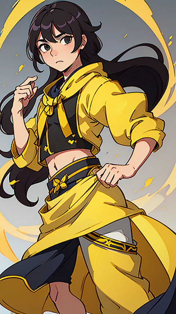 (Handsome) ,Roleplaying、Man with long hair、Man in fantasy style clothing、Man in Yellow、wearing a long yellow bandana、Black-haired man、belly button、Small size of clothes