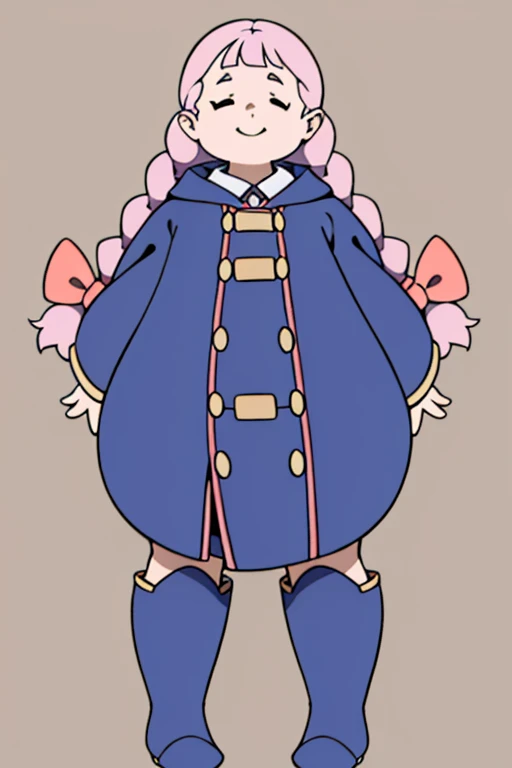(masterpiece, top quality, best quality, beautiful and aesthetic:1.2), jasminka antonenko, 1girl, solo, plump, closed eyes, long hair, pink hair, braid, twin braids, hair bow, smile, bow, flat torso,witch, luna nova,boots, full body, nude body, naked, shy, standing, pussy, ass, anus,