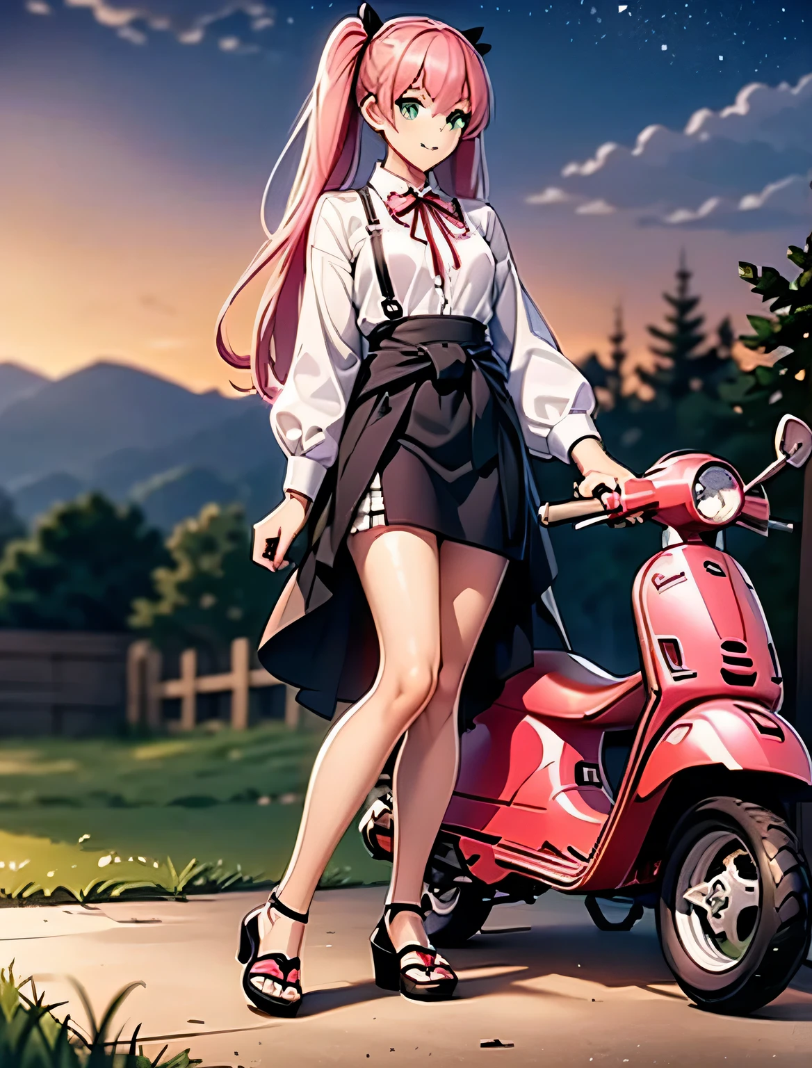 highest quality,Best image quality,masterpiece,8K quality,happy ,(((Red Vespa Bike))),The background is a village,Sunset and sunset,To the camera,Full body photo,Ultra-high resolution,1 girl、Pink Hair、solo、Green Eyes、skirt、Long Hair、Twin tails、shirt、shoes、null、Clothes around the waist、Outdoor、cloud、fence、White shirt、Hands on hips、Looking at the viewer、Plaid skirt、Plaid、、sleevesa rolled up、Wire mesh fence、chest、Collared shirt、ribbon、Knee-high、noon、bangs、shoes、Brown skirt、Red ribbon、Green null、Pleated skirt、Mouth closed、Neck ribbon、(((Big chest))),smile,