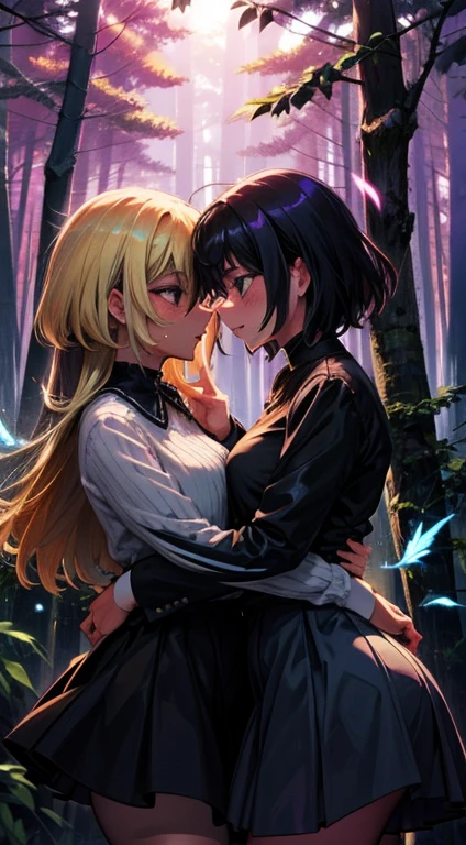 Two women having fun in the forest at night、obscenity:1,2、Metamorphosis:1,2、lesbian micah:1,2、Grabbing each other's buttocks、sour、orange hair, short trousers, suspender, lateral tail, orange hair, life, yellow crop top, navel, short hair, denim, denim shorts, cowboy shot、Anatomically correct