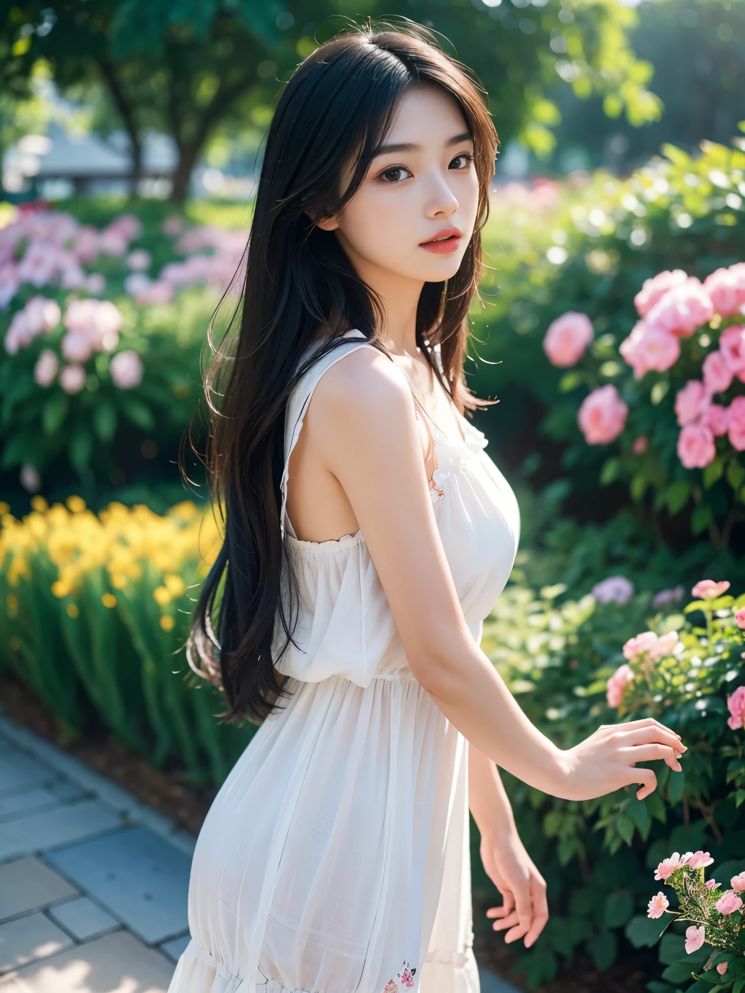 (best quality,4K,8k,high resolution,masterpiece:1.2),Super detailed,Practical,photoPractical:1.37,Black-haired girl,Long hair,Casual wear,Beautiful and delicate eyes,Beautiful and delicate lips,Extremely detailed eyes and face,Long eyelashes,Soft natural lighting, Vibrant colors,artistic expression,Moderate:illustration,Beautiful garden scenery,Flowers in bloom,Butterflies flutter in the air,微风轻拂女孩的Long hair,Carefree expression,Peaceful atmosphere,Pay close attention to facial features,Bokeh effect in the background.Seaside photography