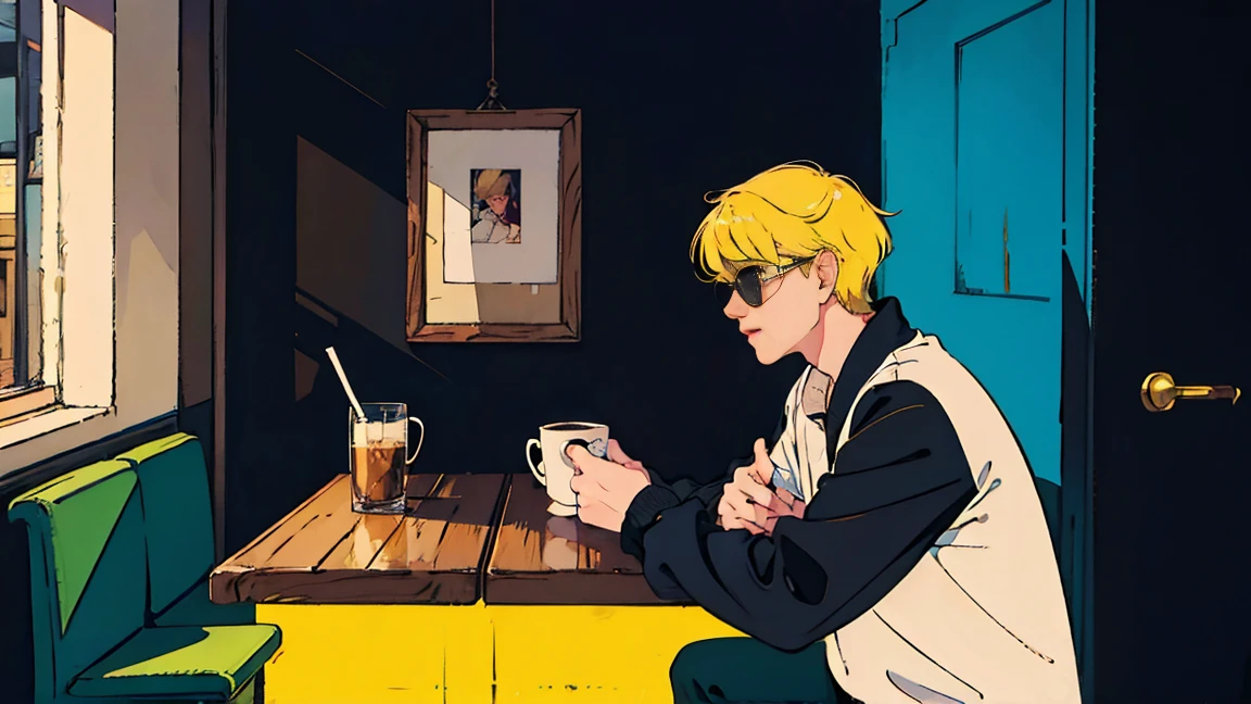 sitting in a cafe at night、Cool and handsome Asian boy with blonde hair, Wearing sunglasses、Visible from the window, Perfect Face, White shirt、Black jacket, Neon Black, (Backlight: 1.1), Hard Shadows, masterpiece, highest quality, Complex, Model shooting style, Vintage, Film Grain、Natural Body、profile、Photo taken from a distance、Draw the whole cafe、every day、coffee