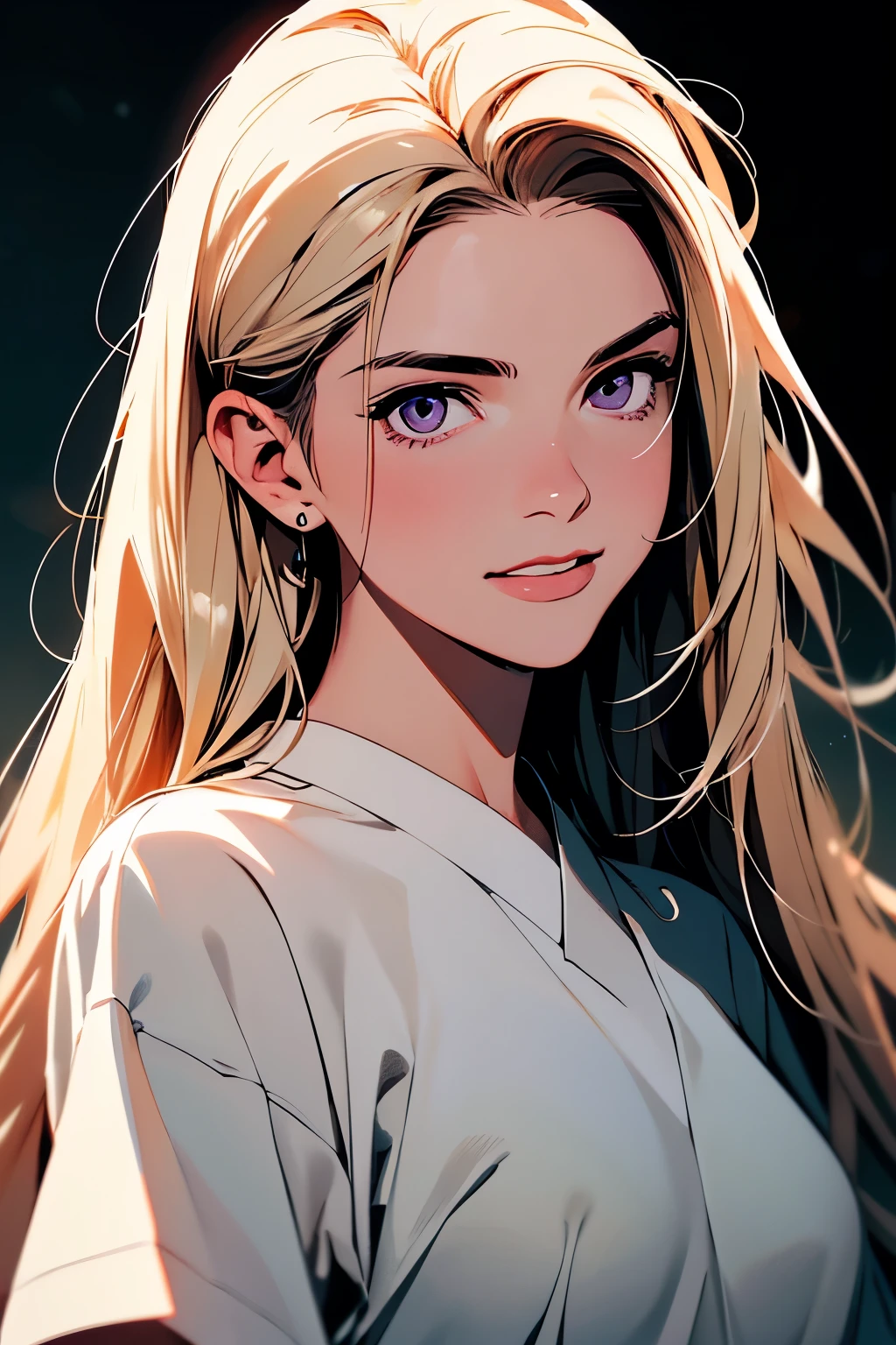 2d illustration, Japanese cartoons, 美术中的portrait, Comic Style, 《Stray God》Bishamon, 1 Girl, laughing out loud，Blonde with long hair, Big Hair, Purple Eyes, cosmetic, fair, HD, masterpiece, best quality, High Detail, High Detailed eyes, Grain filter, Delicate lips, high resolution, Super detailed, portrait, Caucasian woman, Realistic Proportion, Anatomically accurate, Red face; dark lights, high quality, Grant, high resolution, 8k, night, Wearing a nice white shirt