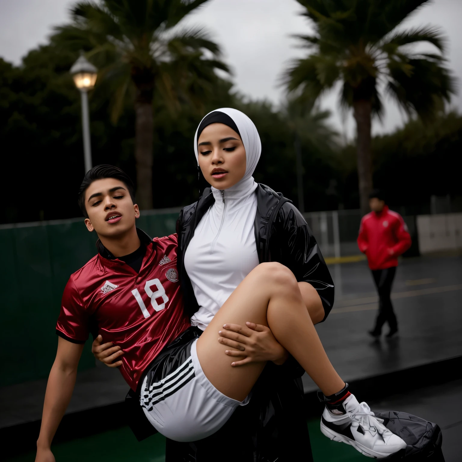 a desparated arab muslim hijabi-girl is standing in a laquered and very shiny quilted coat and carries a man in matte sportswear in her arms, a shouting arab muslim-woman carries a man in dull sportswear, a woman carries in her arms a male soccer player in cotton sportswear, rainy weather, rainfall, humid, girl carries guy, lift and carry, an excessively madeup arab veiled girl in a high-shine wet black latex downcoat, a soccer scene, a soccer injury, first aid carry at a soccer match, a young madeup latino-girl in a shiny black vinyl downjacket, a madeup arab girl in a shiny plastic-downcoat, a very sad and desperately crying latino-girl, an intensely madeup latino-girl in a glossy black vinyl-downcoat, latino-girl with lipstick, muslima-girl with smoky eyes, dramatic action pose, woman that is carrying a skinny shorthaired man, there is a beautiful woman in a shiny coat who is carrying a shorthaired blond man in her arms, a longhaired beautiful woman in a high-shine black puffy coat, a longhaired woman in a shiny downcoat, a woman is carrying a shorthaired man who is wearing black shorts, a weak shorthaired man in black shorts is consciousless and needs to be carried, a shorthaired man with closed eyes is carried in the arms of a longhaired latino-woman, a latino-woman looks very scared and terrified, a consciousless shorthaired man with closed eyes is suffering very much and has a very painful face, photo, photo shoot, photographed, arafed man being carried by a woman, very realistic, very very realistic, hyper-realistic, hyper - realistic, hyper realistic, jacket over bare torso, very disturbing, very hyperrealistic, super realistic, hyperrealistic!, extremely realistic, very very very realistic, super-realistic realistic, super-realistictic!, extremely realistic, very very very realistic, super-realistic realistic, super-realistic, veiled arab woman's face, a completely matte and very dull cotton fabric soccer jersey on a male shaped torso