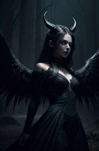best quality,ultra-detailed,realistic:1.37,sinister,fallen angel,beautiful detailed wings,dark atmosphere,demonic aura,ominous expression,dark feathers,mysterious haze,dramatic lighting,eerie background,faint halo,sinuous pose,haunting eyes,pale skin,black gown,ethereal beauty,ruined halo,cold stare,shadowy figure,ominous presence,forbidden knowledge,supernatural power,twisted horns,intense gaze,malevolent creature,sinister presence,malicious intentions,enchanted darkness,dark angel,corrupted innocence,macabre features,otherworldly charm,intimidating aura,glowing eyes,tormented soul