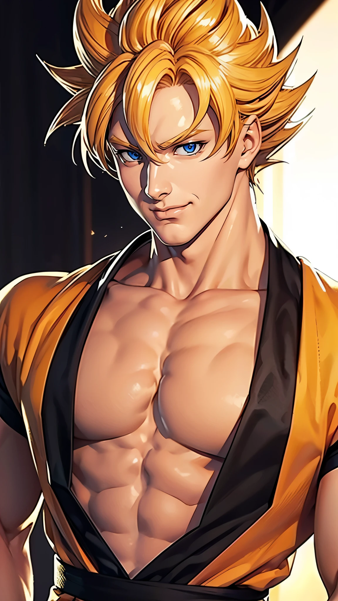 （（（完美figure，figure，solo， （（（super saiyan, muscular,  spiked hair, orange uniform,））），（（（son goku, blond hair, blue eyes,））），((masterpiece)),high resolution, ((Best quality at best))，masterpiece，quality，Best quality，（（（ Exquisite facial features，Looking at the audience,There is light in the eyes，(（（Smile））)，）））））），（（（Light and shadow，muscle））），（（（Looking at the camera，black background，White skin））