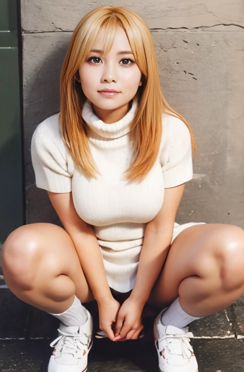 high resolution、8K、High Resolution、Japanese、Beauty、Advantages of LoRA、20 year old student、、Shooting in the open air、There are people around、Everything except the subject is pixelated、The subject is of clear quality、Large Breasts、Breast augmentation、The nipple area rises、Big eyes、Double、Droopy eyes、Copy the famous Einstein photo、Keep your face forward and look up、Staring upwards with just your eyes、Sweat、Blonde hair tips、Golden Hair、Smooth Hair、Beautiful white skin、Transparent white skin、Slim figure、Hairstyle: Ponytail、Wear a thin white knit dress、Thin clothing that shows your body lines、Wear a knitted turtleneck dress、Wearing shorts、Squat、Spread your legs、Photographed from the front、(Wear long, loose white socks)、Wearing white, saggy knee-high socks、Wear plain white sneakers、