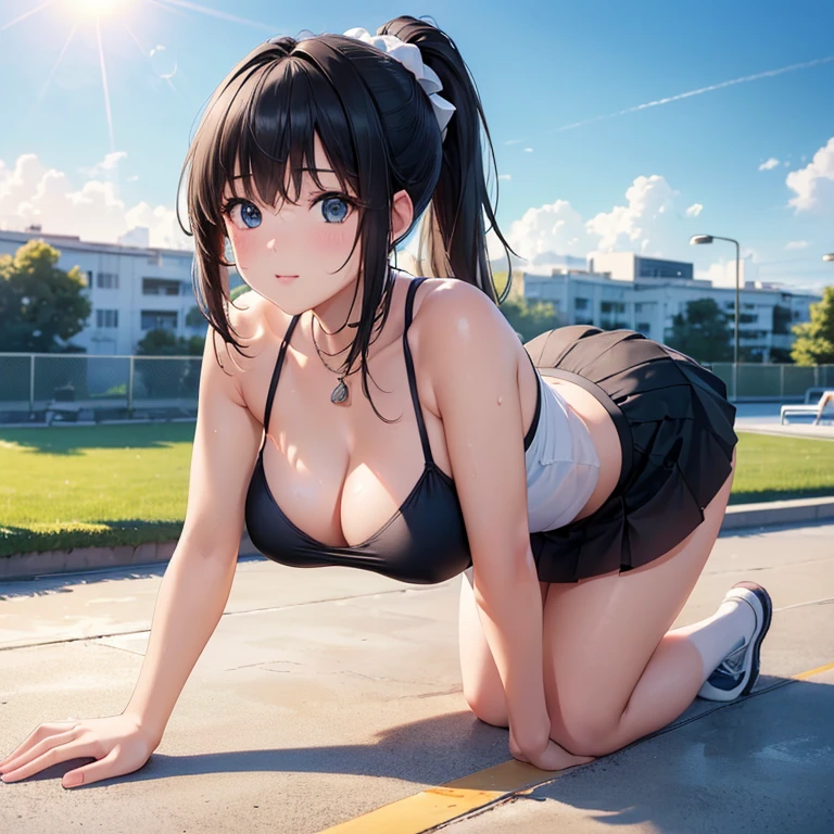 (best quality,4k,8k,highres,masterpiece:1.2),ultra-detailed,(realistic,photorealistic,photo-realistic:1.37),ponytail,black hair,high school girl,mini skirt,poolside, all fours,sunlight,bright colored clothes,slightly exposed necklin, White camisole、Blue how off your breasts