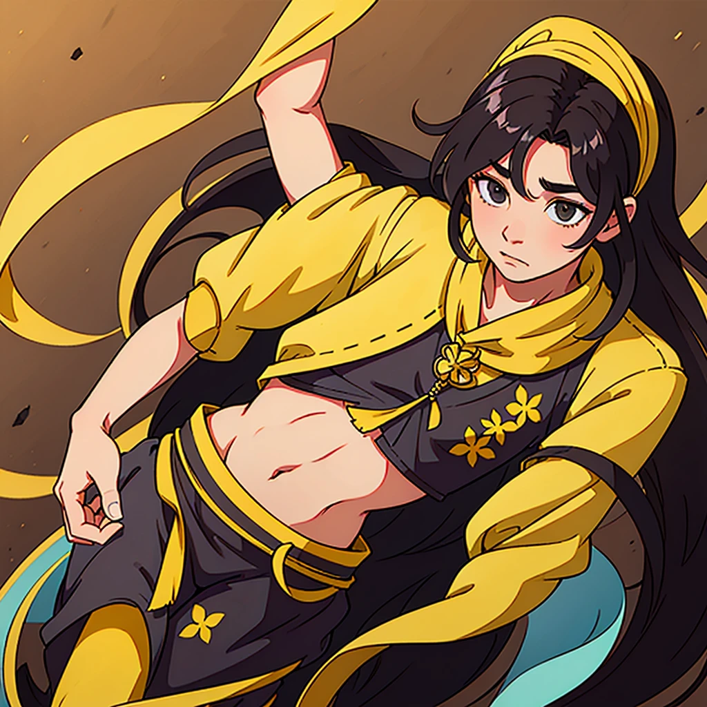 (Handsome) ,Roleplaying、Man with long hair、Man in fantasy style clothing、Man in Yellow、wearing a long yellow bandana、Black-haired man、belly button、Small size of clothes