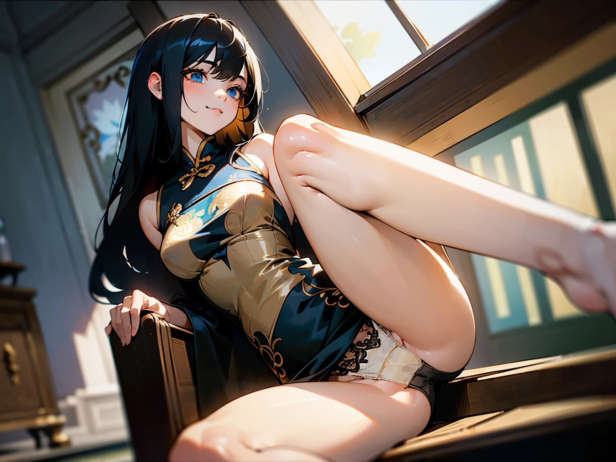 (Realistic:1.3), (photoRealistic:1.2), (masterpiece:1.2), (highest quality), (Detailed skin:1.3), (Intricate details), One girl, 20-year-old, Detailed skin texture, (blush:0.6), Scattered beneath the surface, Pale Light, smile, Black Hair, Straight Hair, Shoulder-length hair, Calm hair, bangs, Hair between the eyes, Hair volume is low, Sparkling blue eyes, Lens Eye, Light reflection in the eyes, Symmetrical eyes, Eyelashes,, Two arms, Two joints in the fingers, barefoot, Depict the whole body, Wearing edgJF_Black Chinese dress, Side slits, Sleeveless, ((Black Chinese dress)), Floral prints, (Inside the room), Chair, (((With legs apart)), ((Whitish beige panties)), See-through panties, Fingers between your legs, from below, (((Open your legs))), Don't hide your breasts