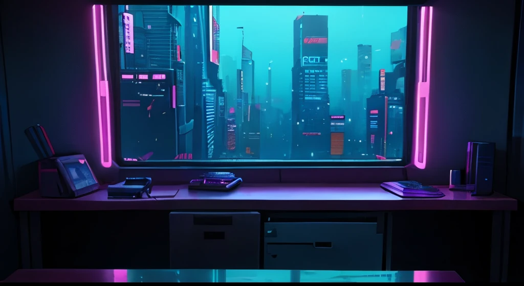 plain background,neon studio,cyberpunk,table,window,Front view,Horizontal viewing angle