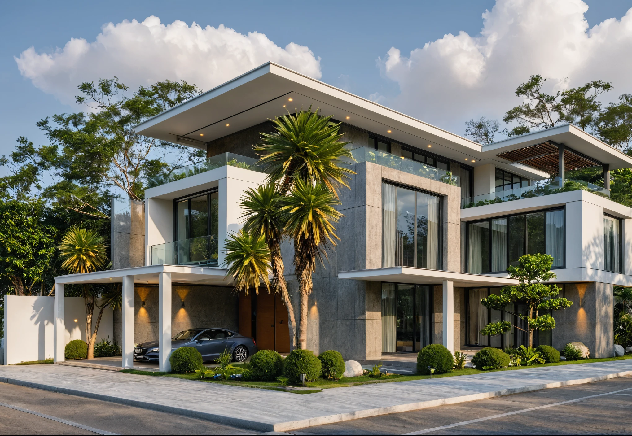 Masterpiece, high quality, best quality, authentic, super detail, outdoors, onestoreyvillaXL, aiaigroup, house style modern on the street ,stairs, white wall ,road,pavement, grass, trees, sky, cloud, (daylight:1.1)
