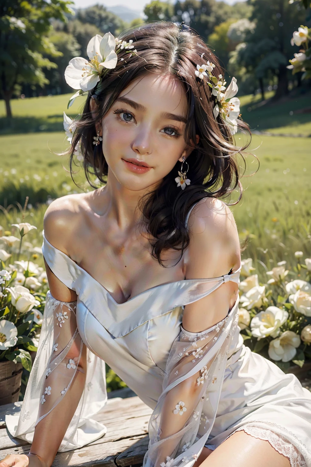 Best quality, masterpiece, ultra high res, (photorealistic:1.4), raw photo, 1girl, white dress, off shoulder, blossom flower field, glowing skin, light smile
