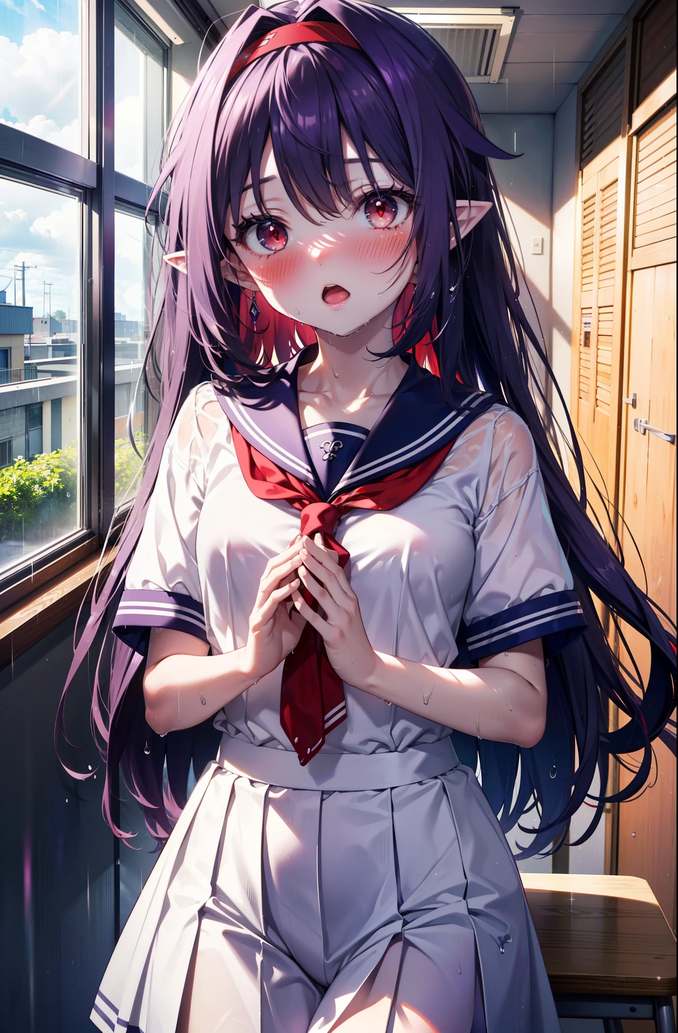 yuukikonno, Yuki Konno, hair band, Long Hair, Pointy Ears, Purple Hair,blush, Embarrassing,Open your mouth,(Red eyes:1.5), (Small breasts:1.2), uniform(Purple sailor suit),Short sleeve,Purple pleated skirt,White tights,Wet Hair,Wet Skin、Wet clothes,window(rain,Cloudy), break looking at viewer, Upper Body, whole body,(Cowboy Shot:1. 5)
break indoors, School classroom,
break (masterpiece:1.2), highest quality, High resolution, unity 8k wallpaper, (shape:0.8), (Beautiful and beautiful eyes:1.6), Highly detailed face, Perfect lighting, Highly detailed CG, (Perfect hands, Perfect ???????),