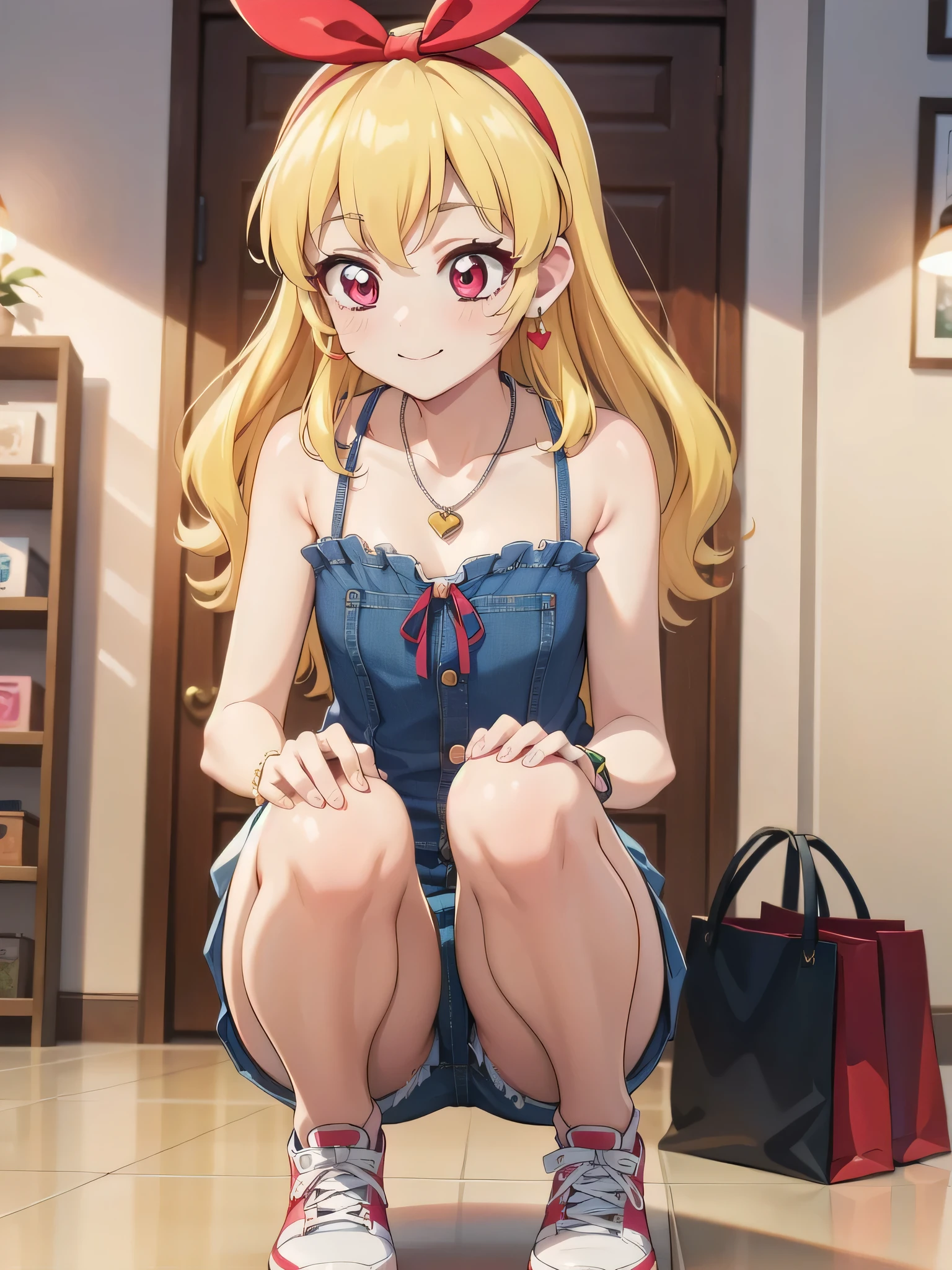, ((beautiful)), ((masterpiece)), ((best quality)), (extremely detailed face), perfect lighting, highres, 8k, wallpaper, backlit, (absurdres), (ultra detailed, 8K, ultra highres:1.2), BREAK,(RED Ribbon on HAIRband:1.2),Blonde HAIR,smile,navel,groin,denim shorts,loose clothes,shirt pull:1.4,shorts pull:1.4,A fashionable female ,dressed in a casual yet stylish outfit,browsed the racks of clothes at the department store. She hummed a tune to herself as she examined the various accessories and small items on display. Her outfit consisted of a pair of ripped denim shorts paired with a loose, camisole and a pair of sneakers. She accessorized with a small, silver bracelet on her wrist. As she shopped, the girl couldn't help but be drawn to the various colorful and glittering items in the store. She picked up a pair of cute, heart-shaped earrings and a matching necklace,admiring them in the bright, fluorescent lighting,Ichigo Hoshimiya (Aikatsu!),from below,squatting,groin_focus,