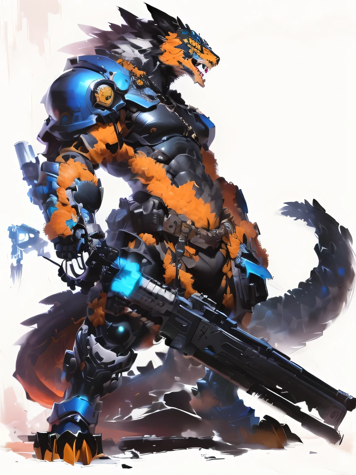 Drawing of a man holding a giant gun and a dragon, Inspired by Shirow Masamune, author：Shirow Masamune, Alexander Ferra Meha, Shirow Masamune&#39;s style, great character design, Yoshihiko Wada, Interesting character design, Detailed full body concept, Kushat Kents, Highly detailed character designs, High quality color sketch