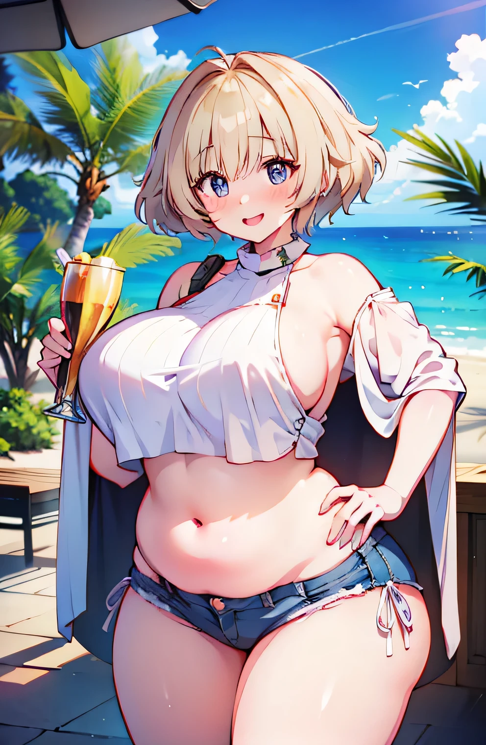 Anime illustration、highest quality、A short and plump female traveller、Tube top、Tropical、Perfect proportions、overwhelmingly big breasts、Beautiful, shining eyes、Blushed、smile、Cowboy Shot