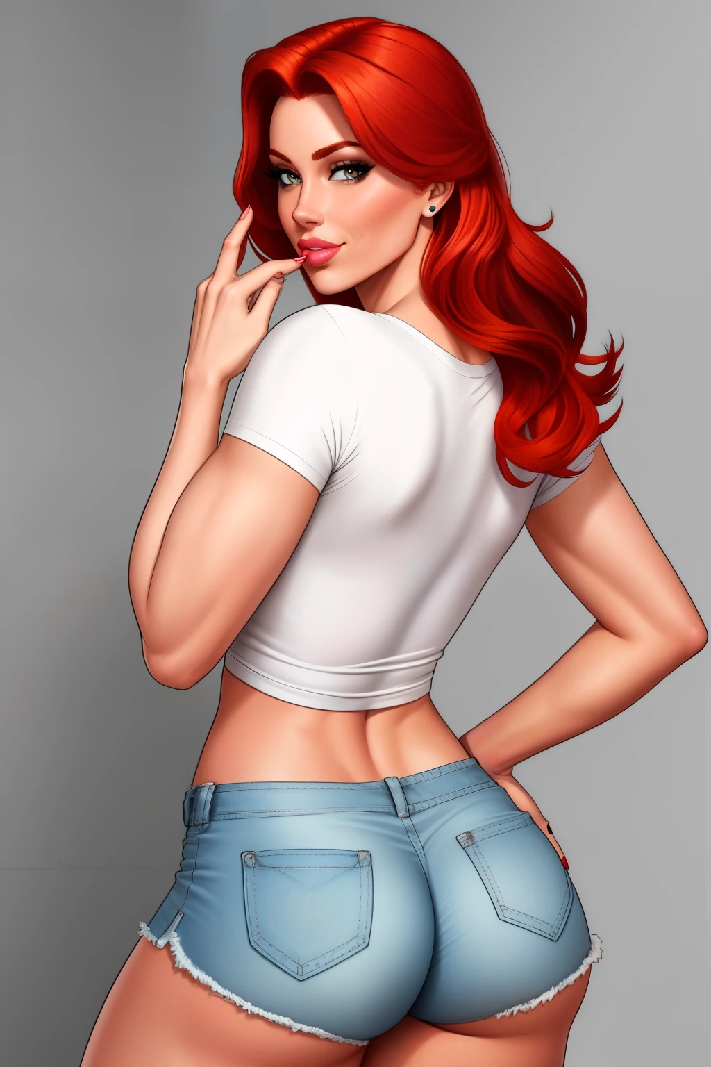 daisy dukes, sexy girl, back turned, ass, blowing kiss, looking at camera, redhead, white t-shirt, seductive smile