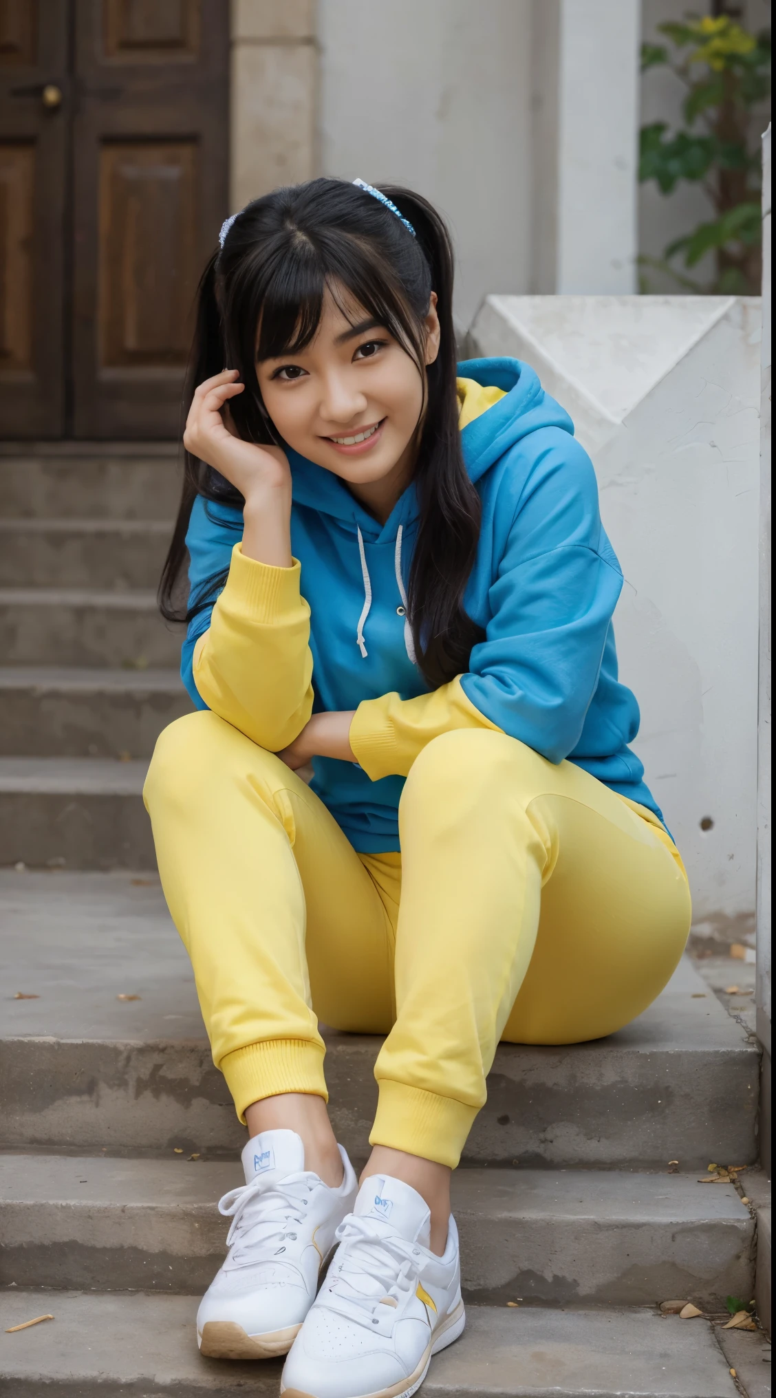 highest quality, Realistic, Very detailed, Finer details, High resolution, 8k wallpaper, One beautiful woman, of Uyghur-Mongolian descendant natural eastern beauty, smal flawless nose, Sit on the stairs、 Oversized hoodie, yoga pants, blue-yellow Onitsuka Tiger sneakers、Wear black socks、Black Hair long twintails-style、 Beautiful Bangs、ear piercing、smile、Beautiful teeth alignment、Perfect dynamic composition, Beautiful and detailed, Full Body Shot, A big smile