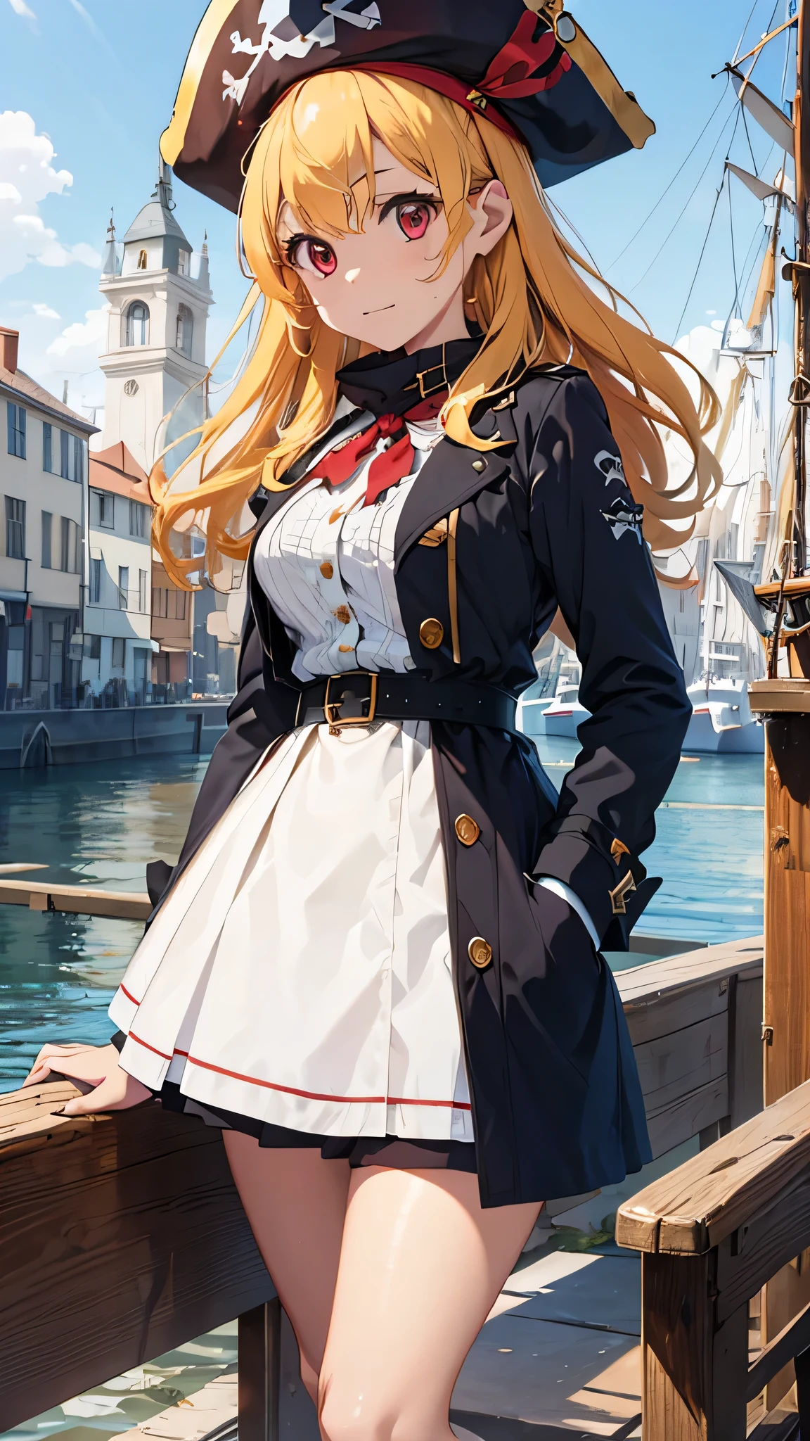 best quality, sharp detailed, (fantasy:1.3), 1woman, solo, 20yo, medium_breasts,
BREAK,
pirate, white blouse, crimson trench coat, crimson corset, white scarf, black mini skirt, belt,pirate hat,
BREAK,
beautiful detailed face and eyes, Blonde hair, long hair, red eyes,(RED Ribbon on pirate hat,:1.2),
BREAK,
(harbor:1.2), (pirate ship:1.2), sea, morning, rising sun, orange skylight, morning sun