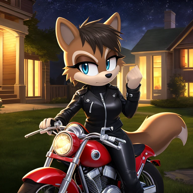 ((masterpiece)), studio quality, highly detailed, extreme detailed, high quality, max detailed, hyper detailed, anime, mobian, 1girl, racoon, black short hair, aqua eyes, attractive, gorgeous body, medium breast, biker clothes, serious, nighttime,